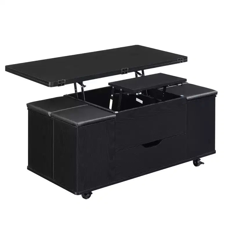 Multi-Function Modern Lift-Top Coffee Table with Hidden Storage, 4 Stools and Casters, Perfect for Modern Living Spaces