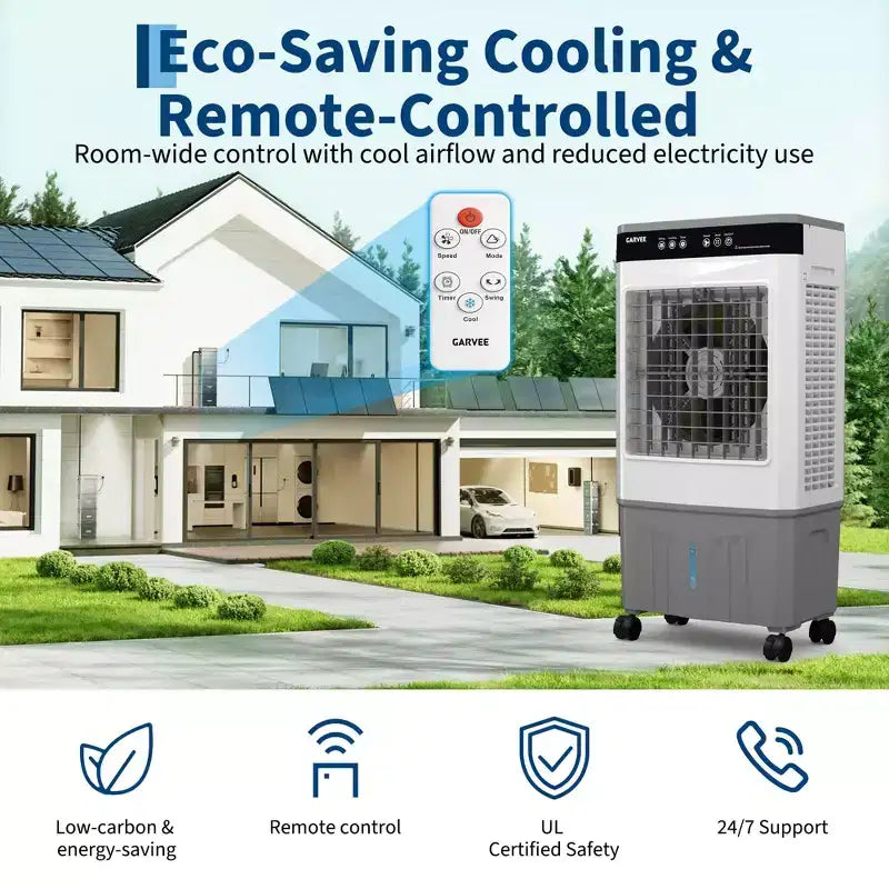 Air Cooler Evaporative Air Cooler with Water Tank, 4 Ice Packs, 3-Speed, 120 Oscillation, Remote Control and 12H Timer, 150W Portable Floor