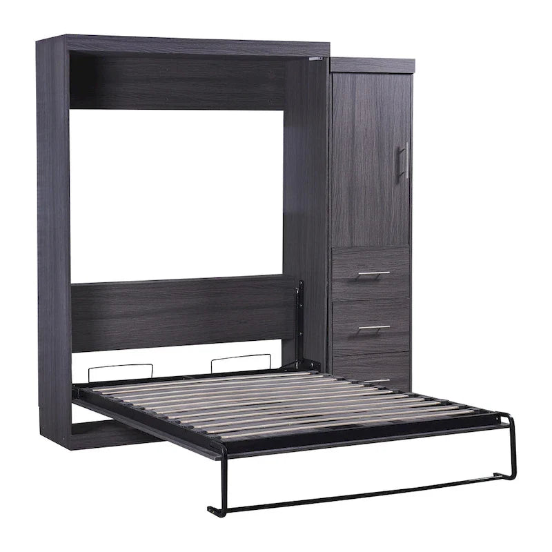 Gray Foldable Murphy Bed with Wardrobe & 3 Drawers, Full/Twin, 1-Person