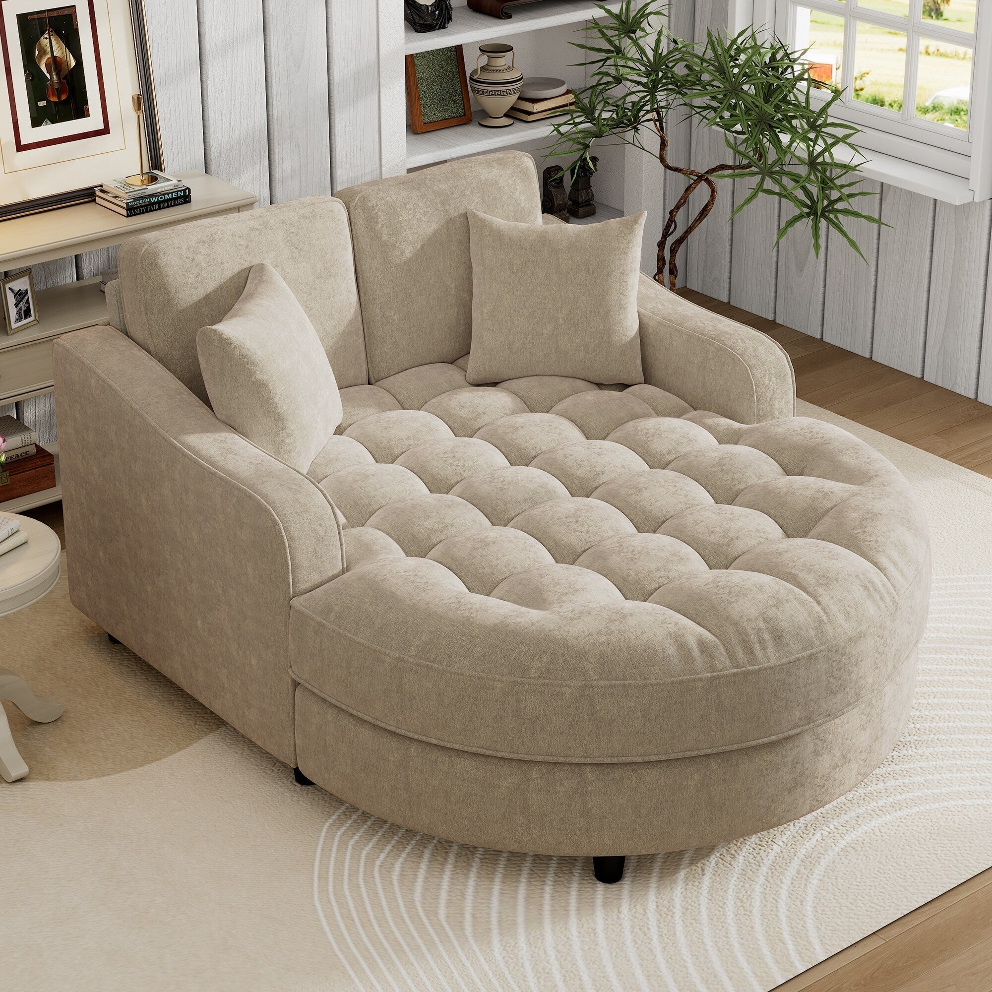 Divano Letto Chaise Longue in ciniglia, Divano Imbottito con Schienale Trapuntato e 2 Cuscini Rimovibili per Soggiorno