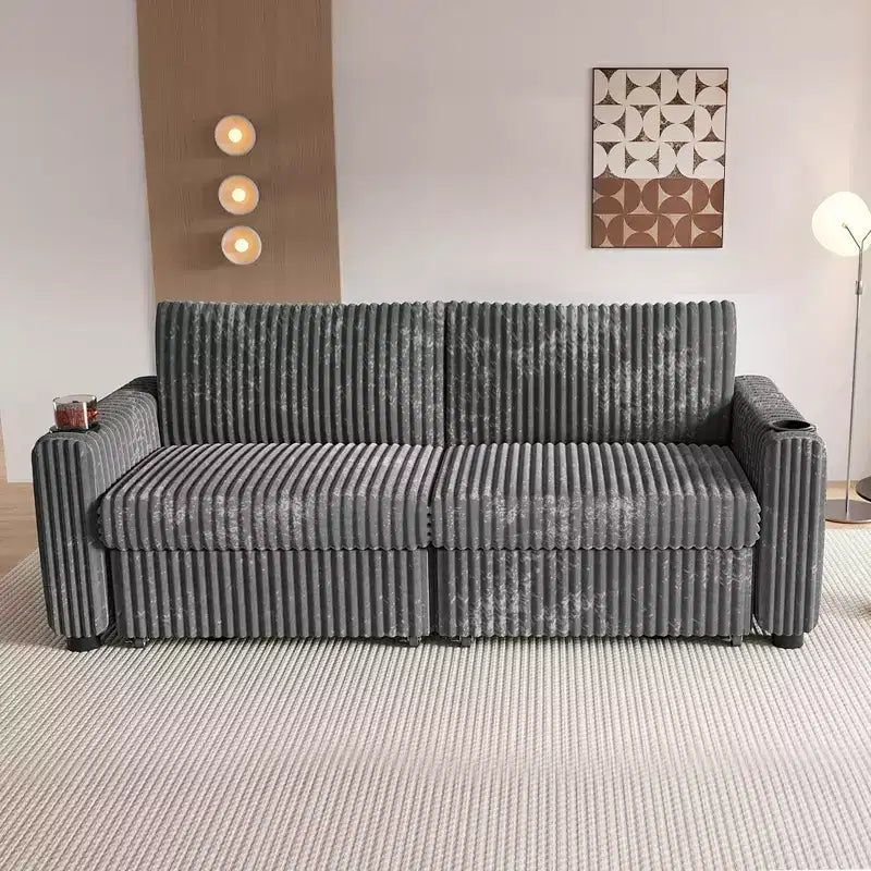 Dyonery 91 Sectional Sleeper Sofa Bed with Pull Out Bed,Reclining Backrest/Two Pull Out Beds/USB Ports/Cup Holders, Plush Corduroy