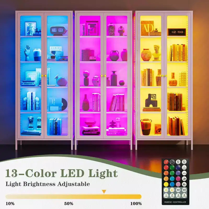 Bekrvio 67H 3-Side Glass Display Cabinet With LED Lights,5-Layer Storage with Double Doors and Metal Frame for Collectibles, Ideal for Small Spaces