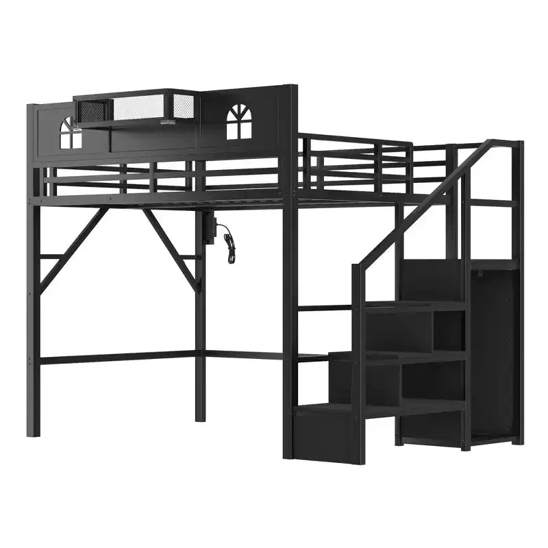 ModernLuxe Full/Queen Loft Bed with Stairs & Built-in Wardrobe, Metal Bed Frame with LED Lights, USB Charging Station & Storage Shelves