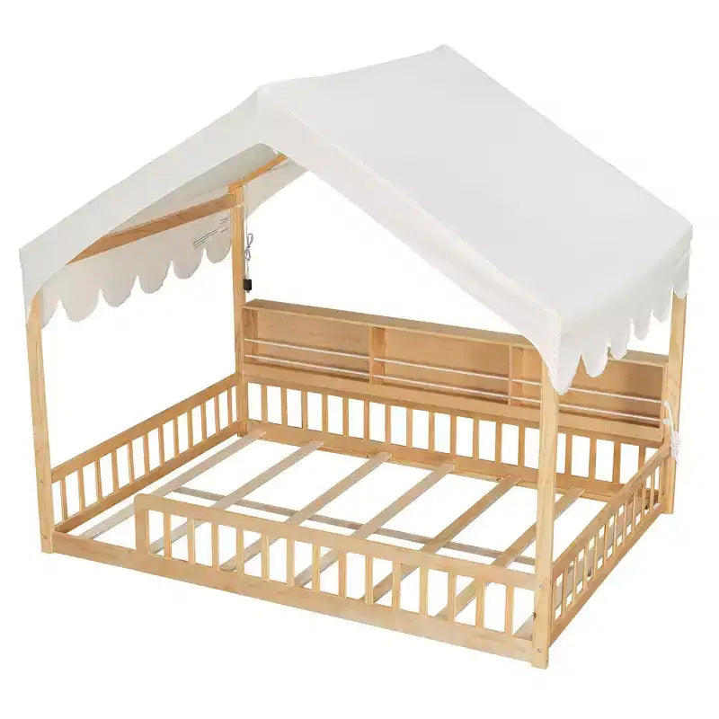 Whisen Full Size Wooden Floor Bed Frame, House-Shaped Daybed with Fense, 3 Storage Bookshelves, Curtain