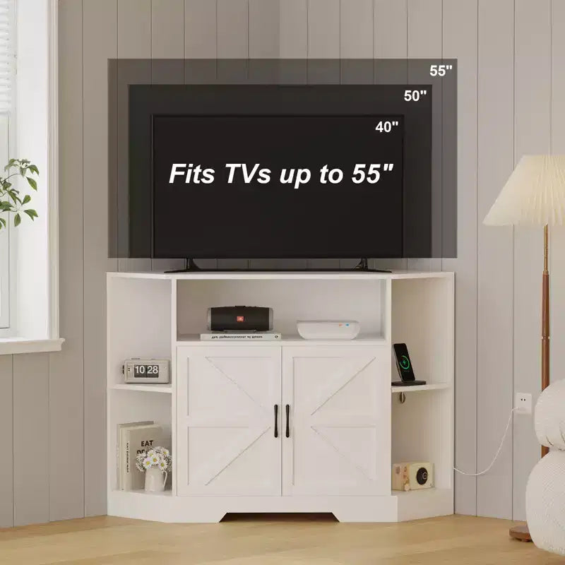 Corner TV Stand for TVs up to 55  Farmhouse Barn Door Media Console with Open Shelves & Storage Cabinet, White