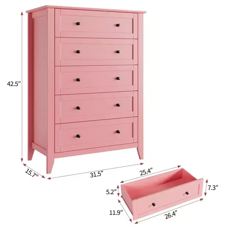 5-Drawer 42.5-Inch Tall Dresser for Bedroom, Wooden Storage Cabinet with 11.9-Inch Deep Drawers & Gold Metal Knobs, Ideal for Entryway, or Hallway
