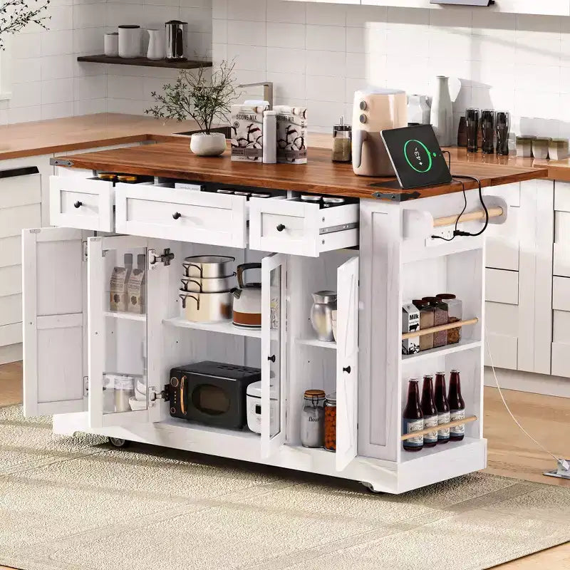 Kitchen Cart with Tempered Glass Doors, Side Racks, Power Outlet, and Drop Leaf