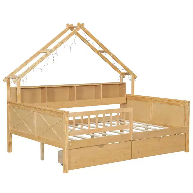 Full Size House Bed Frame with Drawers, House Platform Bed with LED Lights, Storage Shelves & Drawers, Wood Daybed with Roof and Guardrail