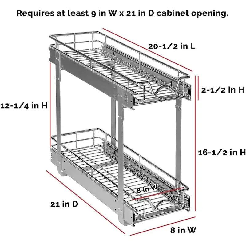 Pull Out Cabinet Organizer 2 Tier  Heavy Duty Metal with Lifetime Limited Warranty - Anti Rust Chrome Finish
