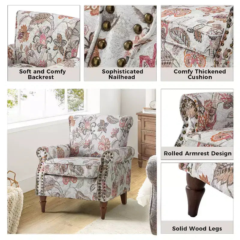 Araceli Traditional Wooden Upholstered Floral Armchair with Wingback and Nailhead Trim| ART OF LIVING DESIGNS
