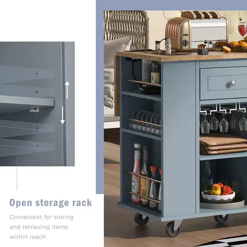 Movable Kitchen Island with Power Outlet, Drop Leaf and Rubber Wood Top