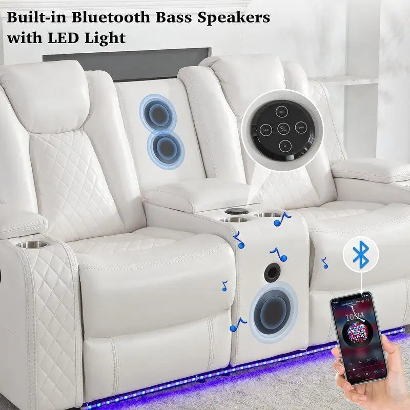 Power Reclining Sofa with Wireless Charger,Reading Light for Living Room,Faux Leather LED Light,AC/USB Port,Cup Holder,Black