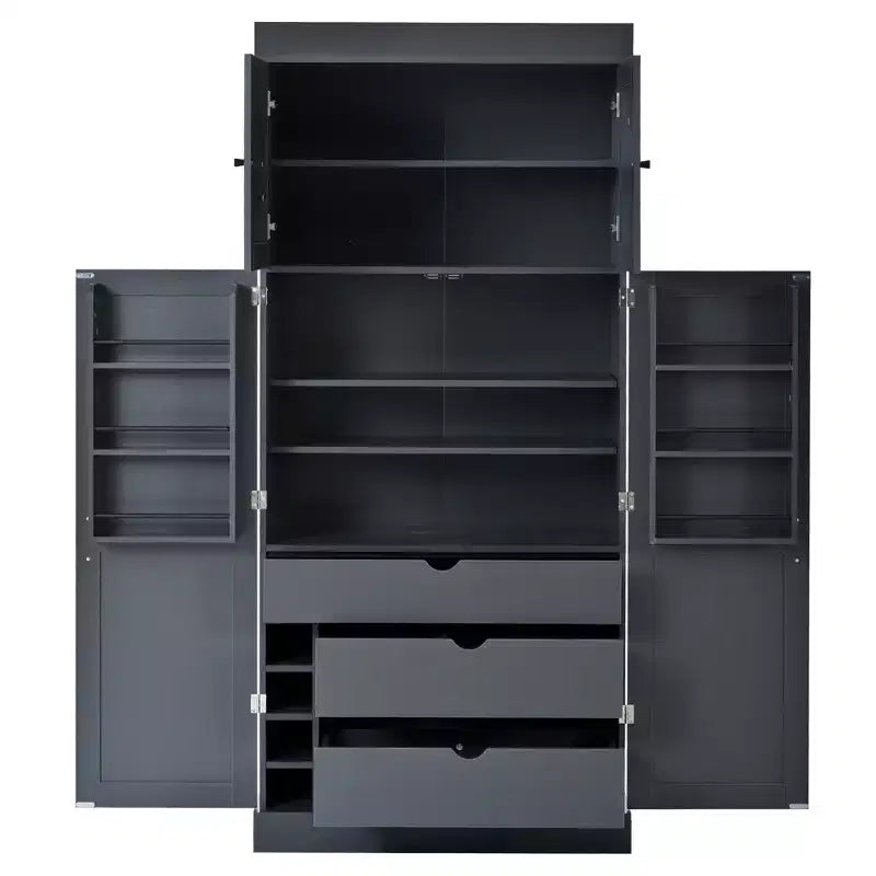 77H Freestanding Kitchen Pantry, Farmhouse Storage Cabinet with Adjustable Shelves, Door Shelves, Drawers & Wine Racks - ModernLuxe