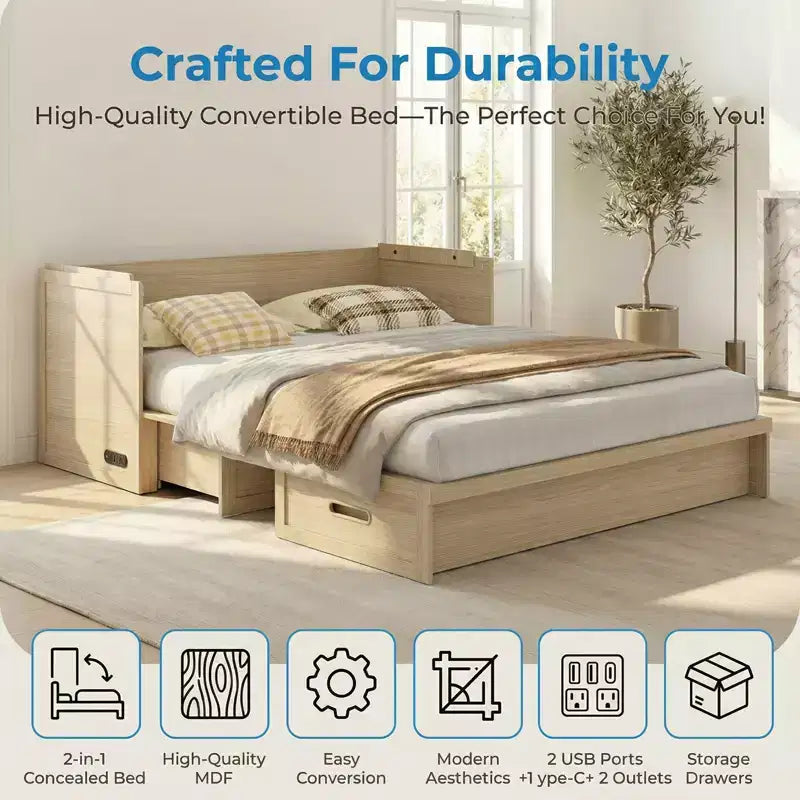 Mjkone Queen Size Convertible Murphy Cabinet Bed with USB Charging, Storage Drawers,No Mattress Included