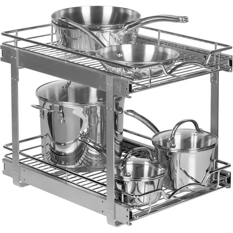 Pull Out Cabinet Organizer 2 Tier  Heavy Duty Metal with Lifetime Limited Warranty - Anti Rust Chrome Finish