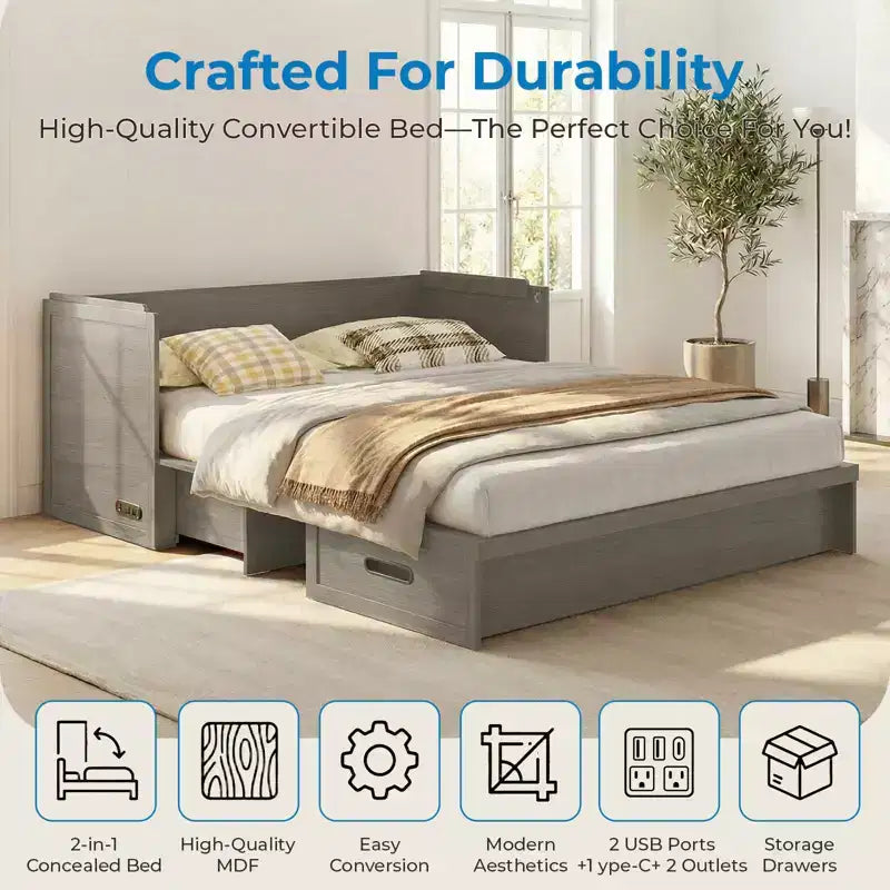 Mjkone Queen Size Convertible Murphy Cabinet Bed with Mattress, USB Charging, Storage Drawers
