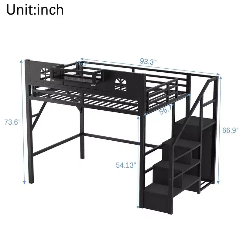 ModernLuxe Full/Queen Loft Bed with Stairs & Built-in Wardrobe, Metal Bed Frame with LED Lights, USB Charging Station & Storage Shelves