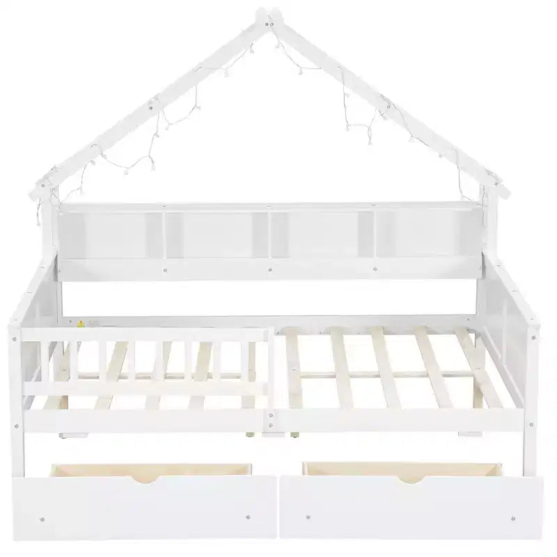 Full Size House Bed Frame with Drawers, House Platform Bed with LED Lights, Storage Shelves & Drawers, Wood Daybed with Roof and Guardrail