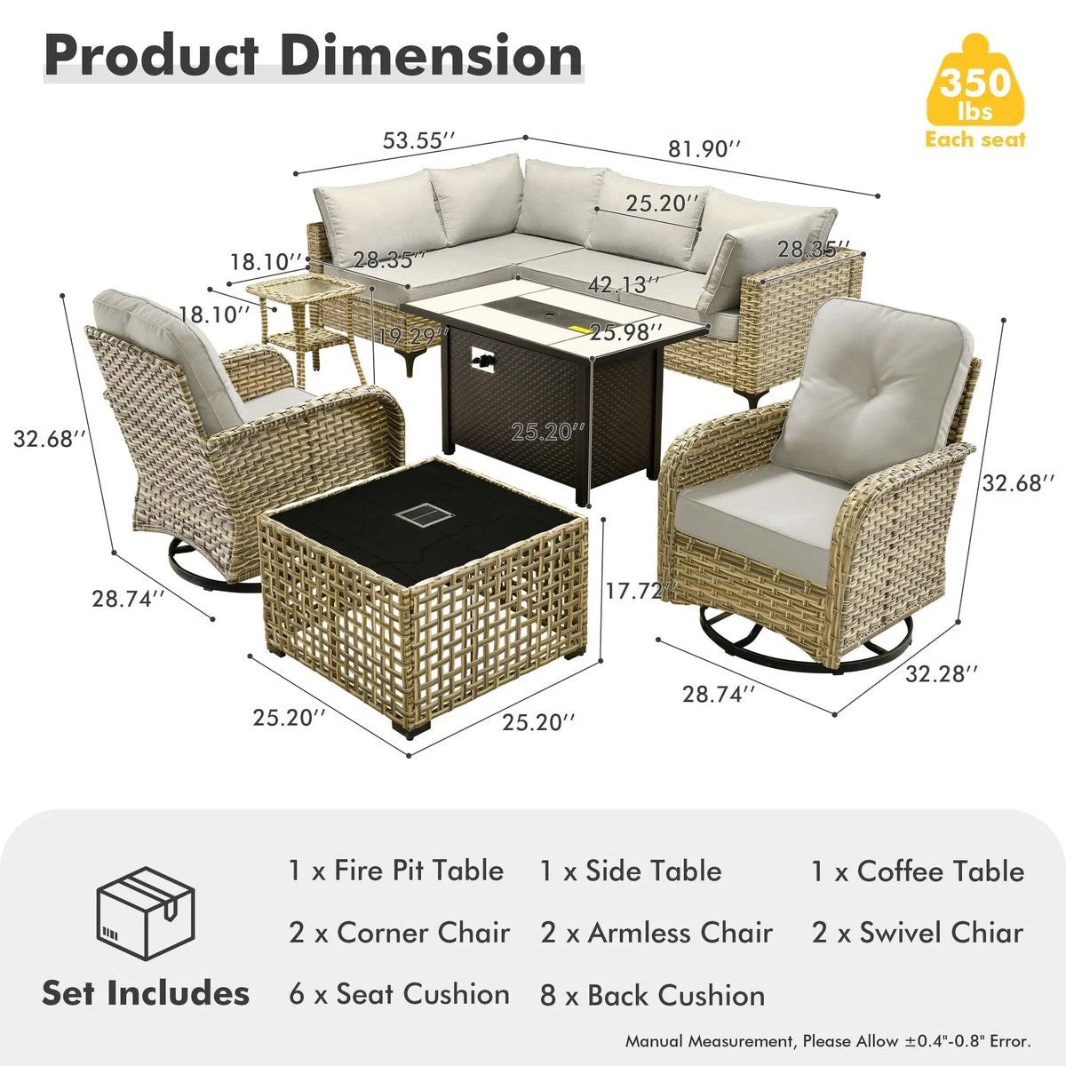 OVIOS 9 Pieces Outdoor Wicker Swivel Chair Set With Fire Table