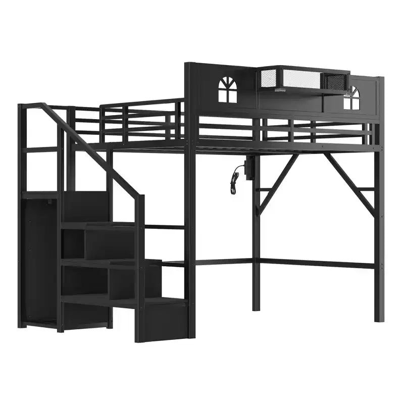 ModernLuxe Full/Queen Loft Bed with Stairs & Built-in Wardrobe, Metal Bed Frame with LED Lights, USB Charging Station & Storage Shelves