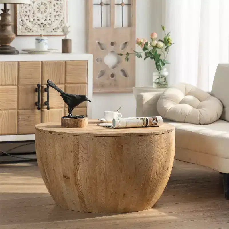 Retro round storage coffee table, made of wood, suitable for living room, dining room or office.