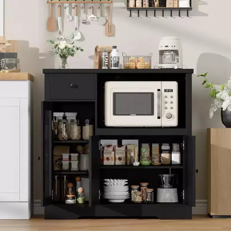 Kitchen Microwave Cabinets with Storage,with 3 Doors,1 Drawer and Adjustable Shelves, Pantry Storage Cabinet
