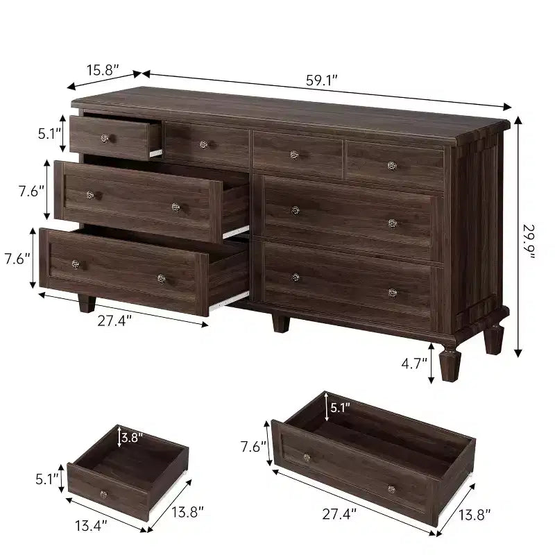 8 Drawer Dresser for Bedroom, Vintage 59 Dresser TV Stand with Carved Handles and Tapered Legs, Wood Chests of Drawers with Large Capacity Storage