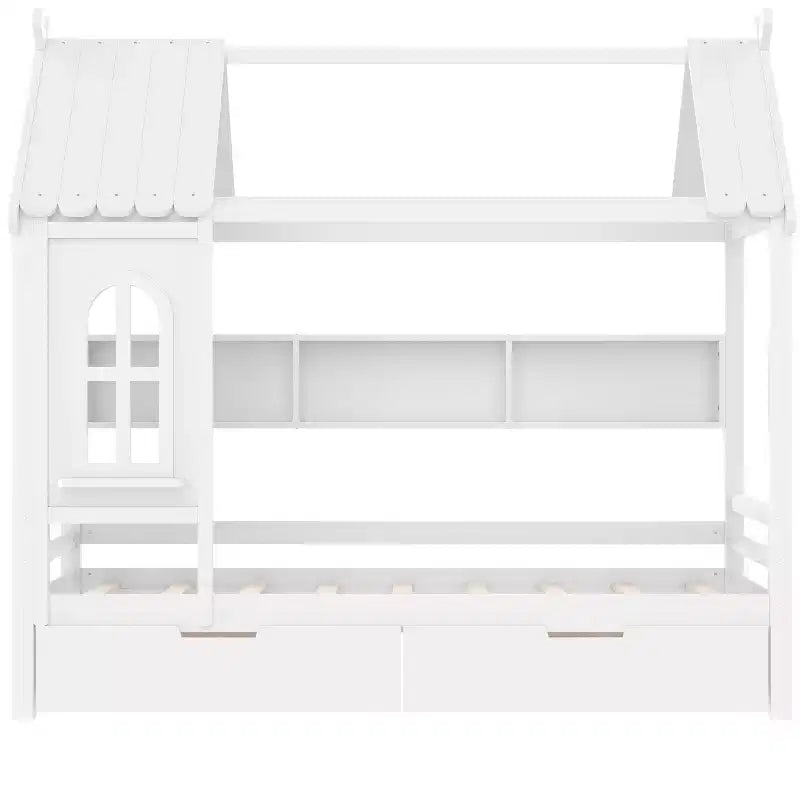 House Platform Bed with Storage Drawers and Window, Solid Wood Frame with Shelves, Childlike Fun Design, Light White