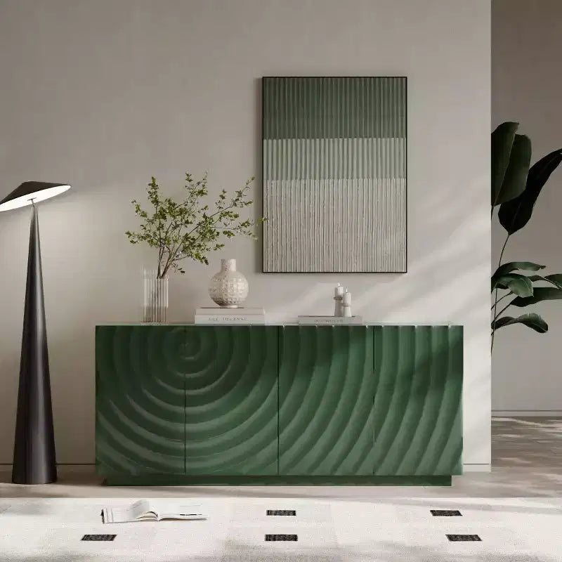 59 Modern Spiral Sideboard Buffet Cabinet, Low Profile Art Entryway Storage Cabinet with 3D Ripple Texture Doors