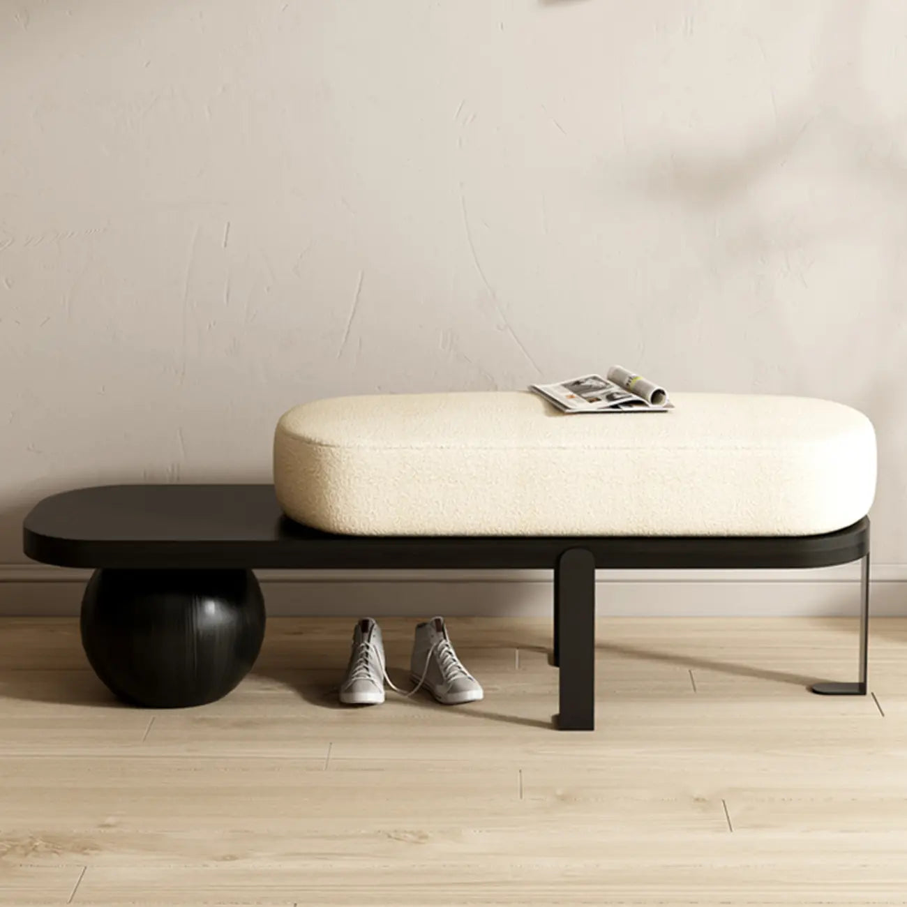 Modern Wooden Beige Upholstered Short Bench
