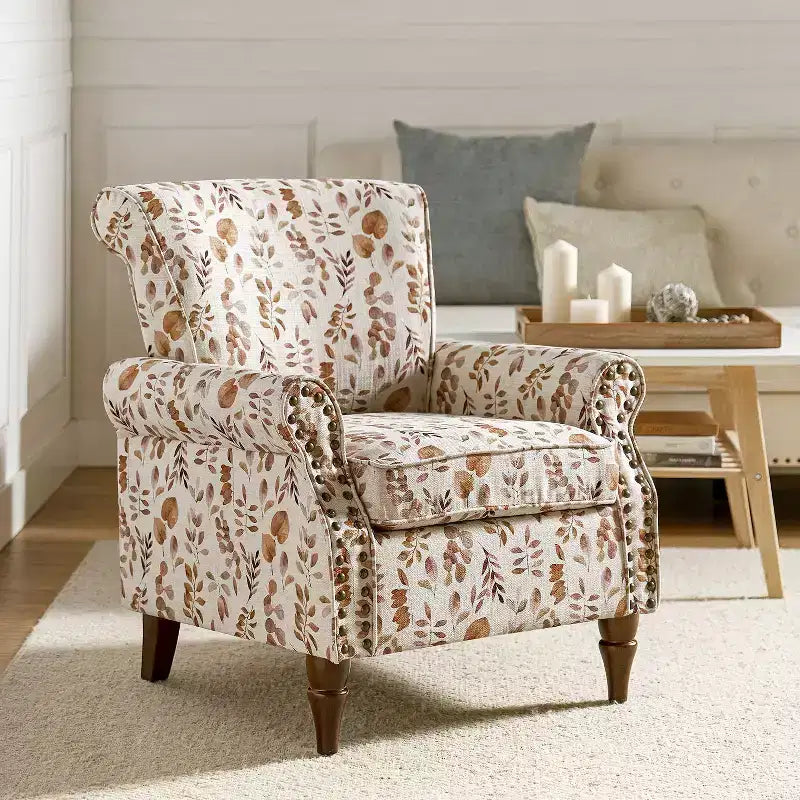 Araceli Traditional Wooden Upholstered Floral Armchair with Wingback and Nailhead Trim| ART OF LIVING DESIGNS