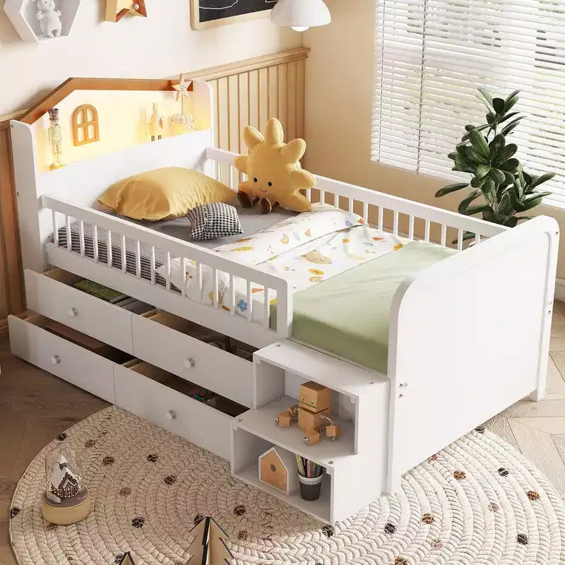Whisen Low Twin Loft Bed with LED Lights, House Shape Headboard & Storage Drawers, Solid Construction