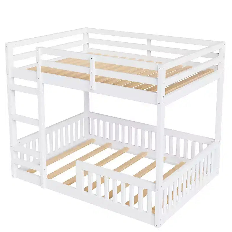 Full over Full Wooden Bunk Bed with Ladder and Guardrails, Low Floor Full Size Bunk Beds with Slats Support