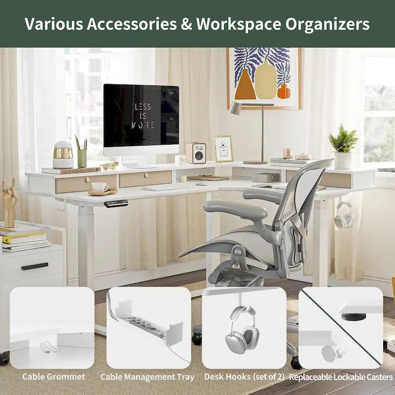 L-Shaped Electric Standing Desk with 3 Drawers & Lockable Casters, 63