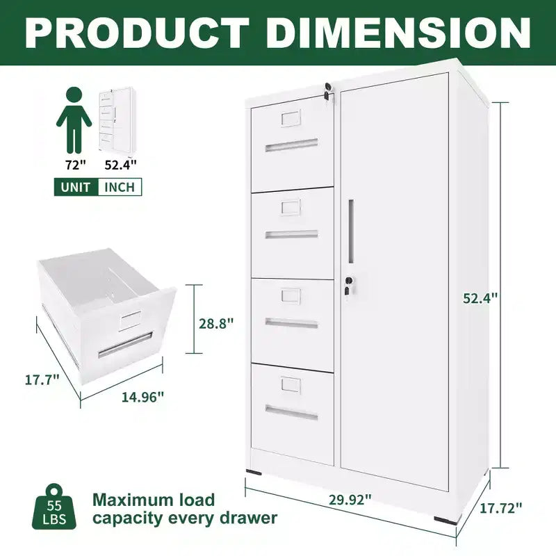 Metal Storage Vertical Filing Cabinet with Lock, Steel File Locker with 4 Drawers