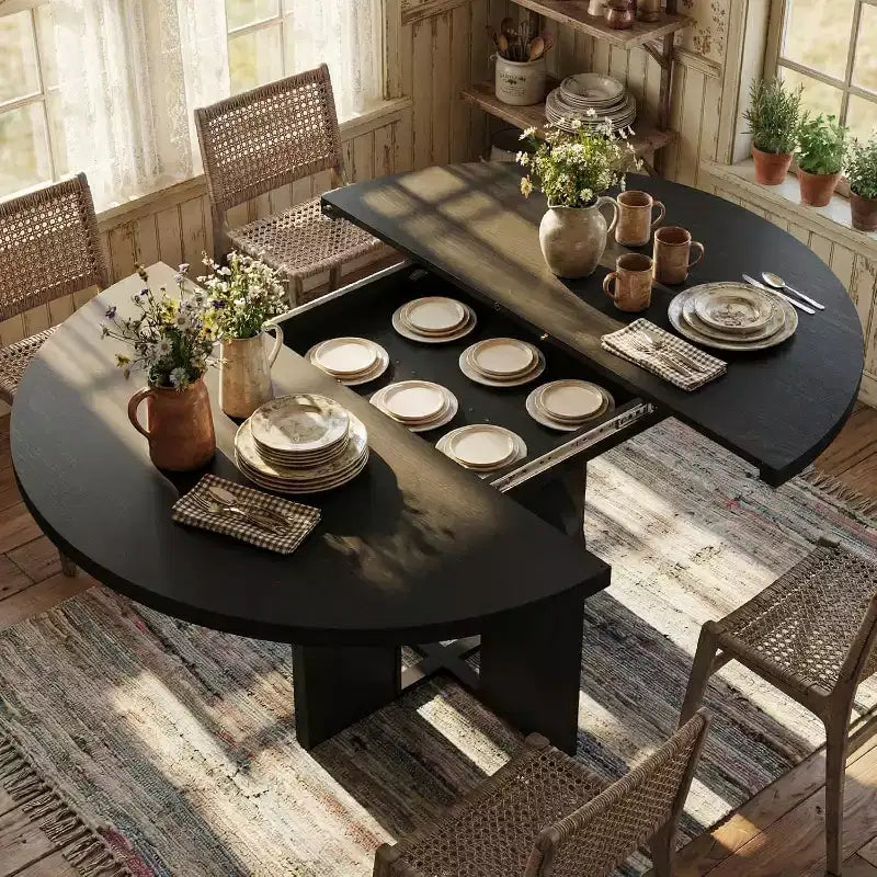 47-63 Extendable Round Dining Table for 4-8, Farmhouse Wood Expandable Kitchen Table with Metal Frame, Oval Space Saving for Apartment, Retro Gray