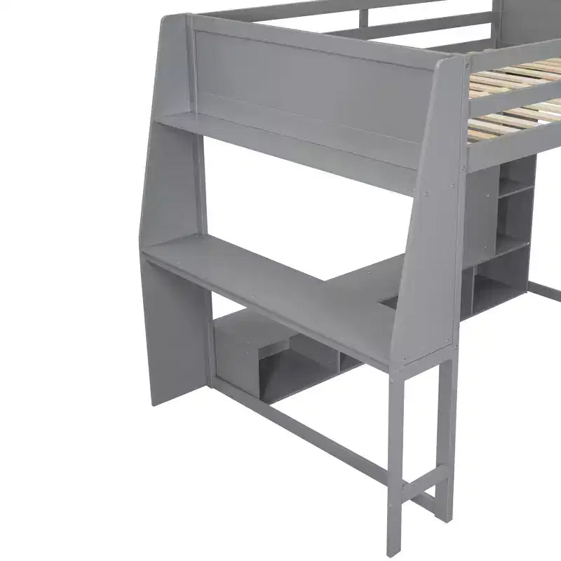 Whisen Wood Twin Size Gaming Loft Bed with Desk, Multi-storage Shelves, LED and a Hanging Clothes Rack