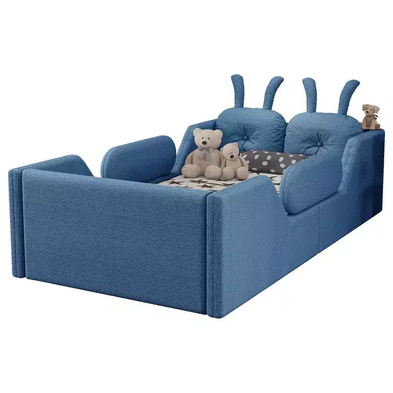 Whisen Twin Platform Bed, Kids Floor Upholstered Bed Frame with Rabbit Cushion, Removable Side Rails
