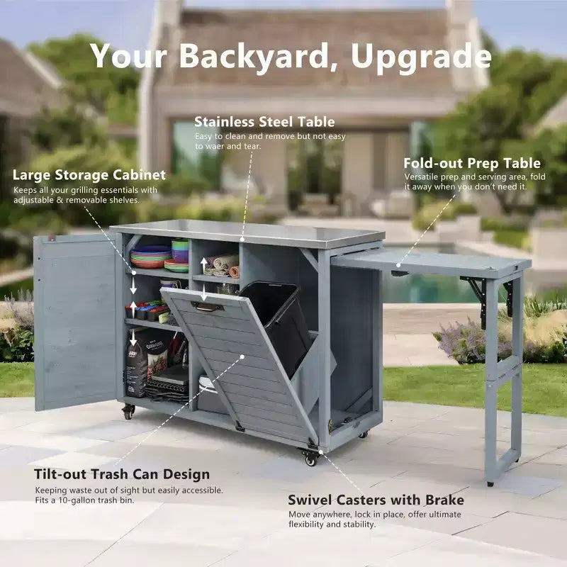 FAMYYT 78.3-Inch Outdoor Kitchen Island with Stainless Steel Countertop, Foldable BBQ Station, and Storage Cabinets, Grey Blue