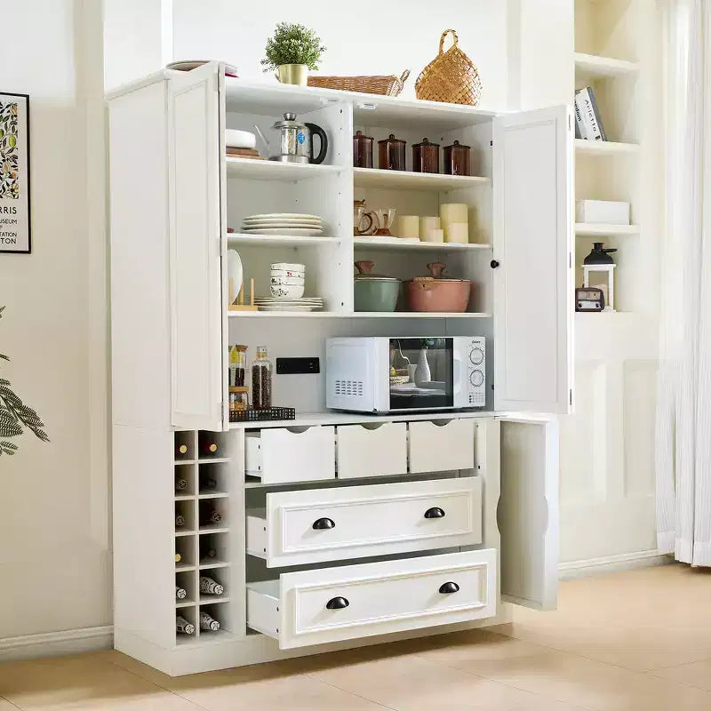 Whisen 71'' Tall Freestanding Kitchen Pantry, Large Dining Storage Cabinet Cupboard Sideboards With 4 Foldable Doors, Shelves, Wine Racks