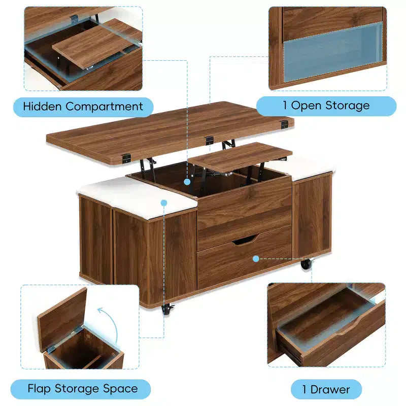 Multi-Function Modern Lift-Top Coffee Table with Hidden Storage, 4 Stools and Casters, Perfect for Modern Living Spaces