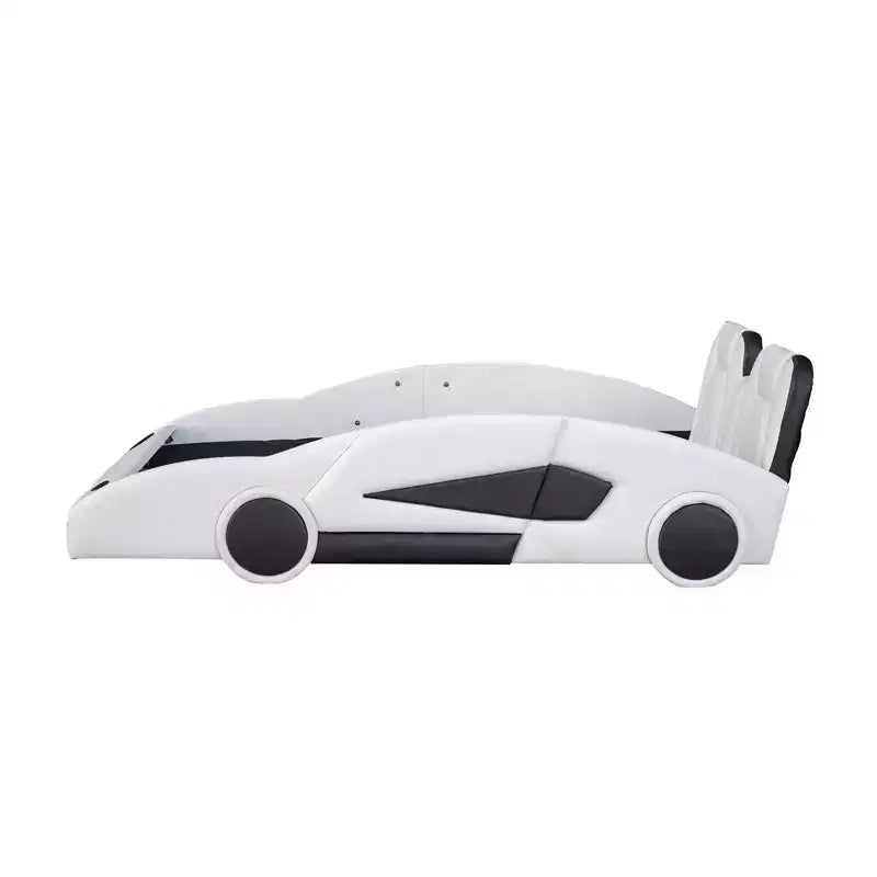 Whisen Wood Twin Size Race Car-Shaped Platform Bed with LED and Upholstered Backrest