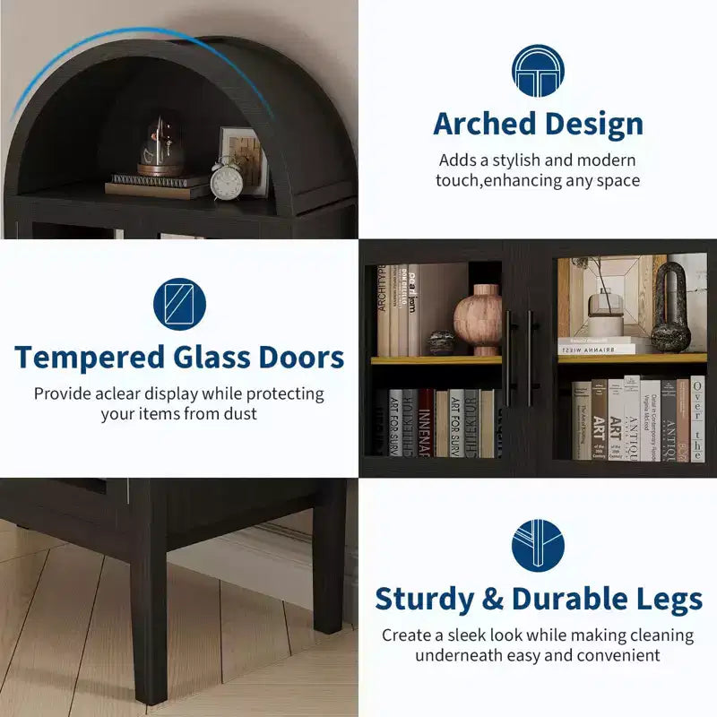 Storage Cabinet, Black/White, Arched Style, Single, 71 Tall with LED Lights & Glass Doors