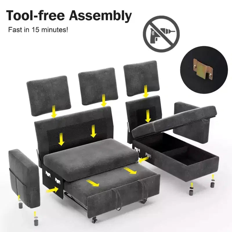 2-in-1 Pull Out Sleeper Sofa with Storage Chaise, Chenille Sectional Couch with USB Ports for Living Room
