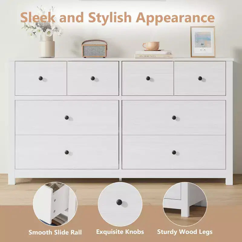 Modern 8-Drawer Dresser for Bedroom, Wide Wood Chest of Drawers with Deep Storage, Freestanding Organizer Cabinet Furniture for Living Room