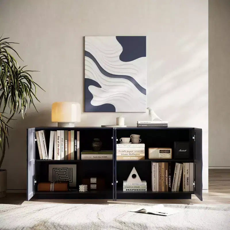 59 Modern Spiral Sideboard Buffet Cabinet, Low Profile Art Entryway Storage Cabinet with 3D Ripple Texture Doors