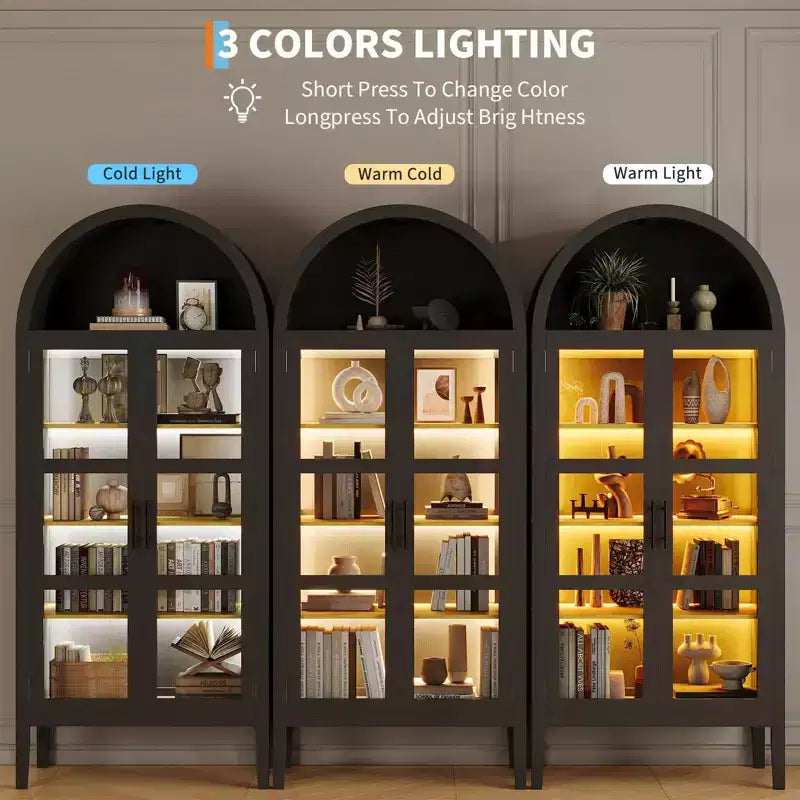 Storage Cabinet, Black/White, Arched Style, Single, 71 Tall with LED Lights & Glass Doors