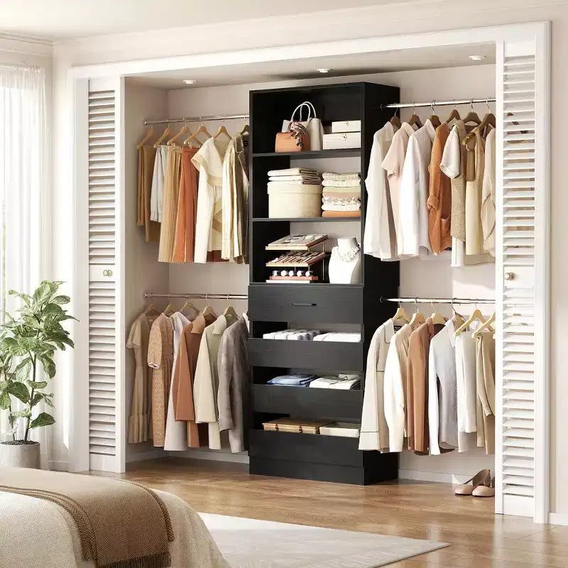 Besiost 4-9 Ft Wooden Closet Organizer System with 4 Drawers, 4 Hanging Rods & Shelving Towers