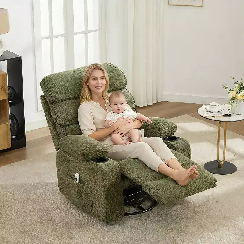 Massage Rocker Recliner with Heating, 360 Swivel Glider Recliner Chairs for Adults, Linen Nursery Chair with Side Pocket, Two Cup Holders