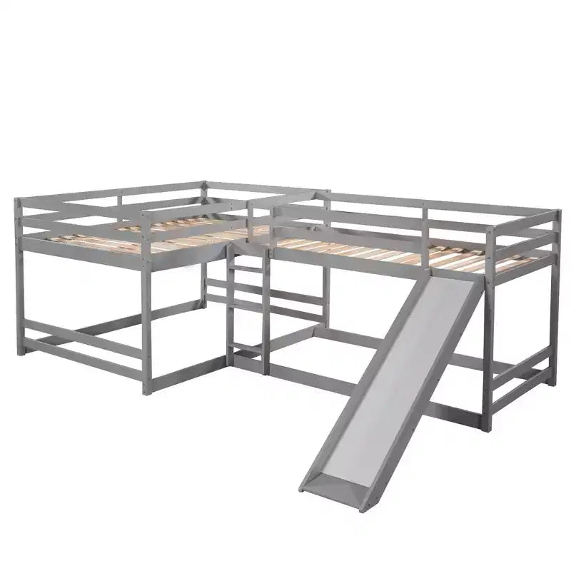 L Shaped Bunk Bed for 4 Kids, Quad Bunk Bed with Slide Full and Twin Wood Bunk Frame for Bedroom Dorm